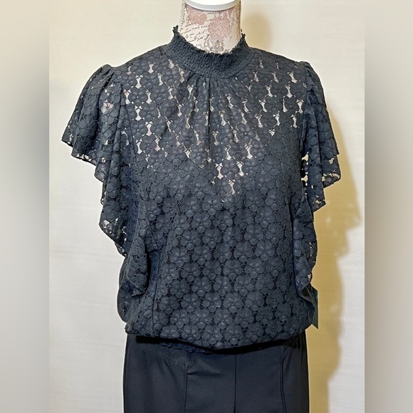 CECE Black lace flutter sleeve smocked top size M‎ - Picture 9 of 14